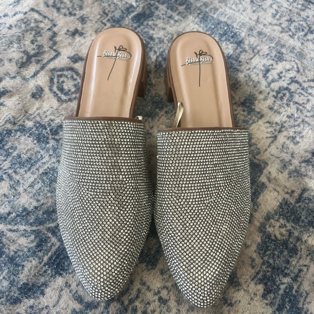 Bisou Bisou Silver Rhinestone Slip-On Mules